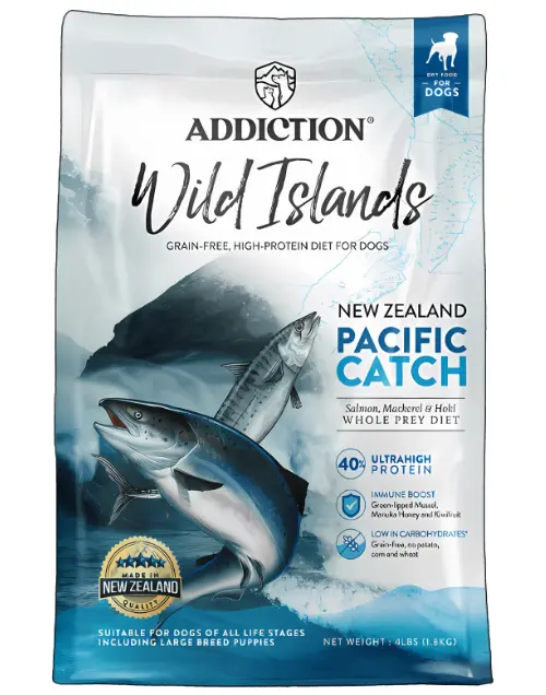 an image showing the front packaging of wild islands pacific catch dry dog food