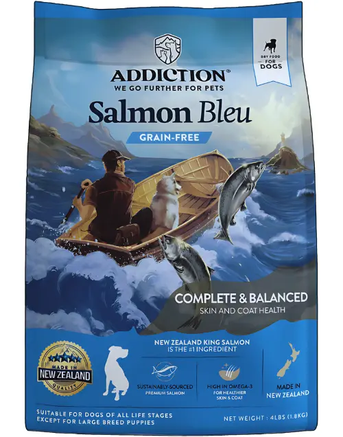 Salmon bleu grain free recipe front label showing it's complete and balanced