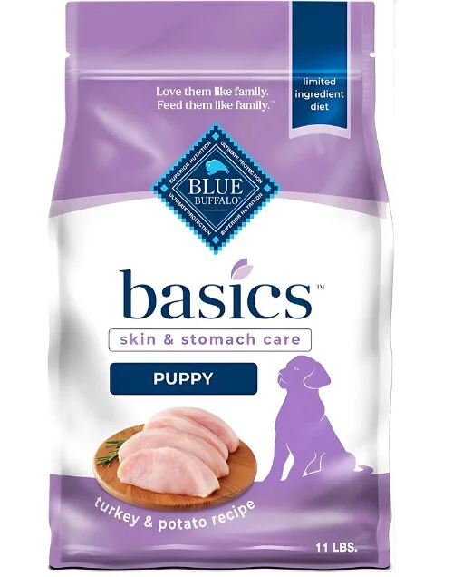 An image showing the limited ingredients used in the Blue Basics Puppy Turkey and Potato Recipe