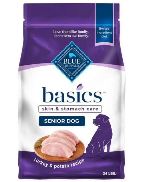 An image showing the front side of Blue Basics Turkey and Potato recipe tailored for the senior dogs